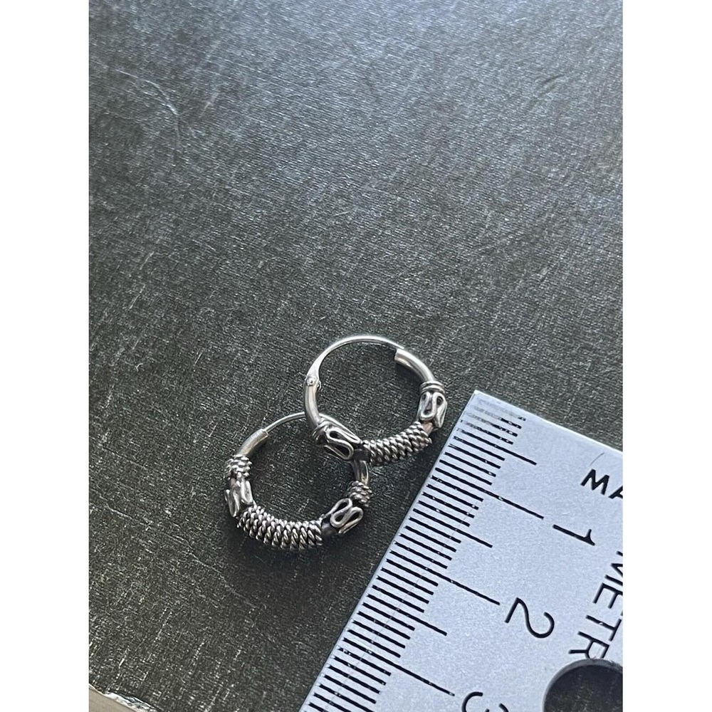 vintage Sterling  Bali Style Small Hoop Earrings Oxidized Textured Huggies 12mm - Picture 3 of 4